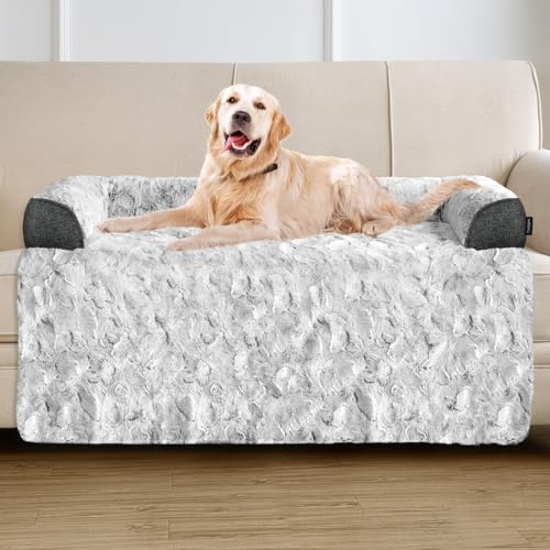 blunique Calming Extra Large Dog Bed for Couch, 45 x 37 inch Removable Couch Cover for Dogs Washable, Non-Slip Fluffy Plush Dog Sofa Mat for Furniture Protector - Grey