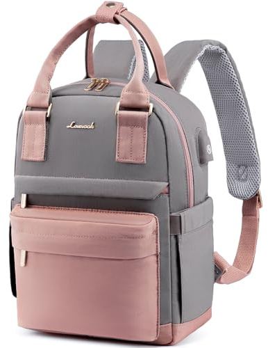 LOVEVOOK Backpack Womens Small Fashion Rucksack Bag for Ladies with USB Port Waterproof Handbag for Girls Anti-theft Mini Casual Daypack City Pack for School Uni Travel, Pink Grey