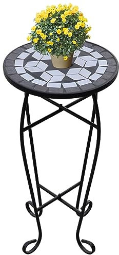 Homgoday Mesita para plantas con mosaico negro y blanco, muebles para interior y exterior casa salón