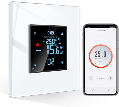 CNBINGO Smart termostat, infälld med kristallglasskiva, WLAN, digital rumstermostat, kompatibel med Alexa Echo, Google Assistant, 16 ampere, vit