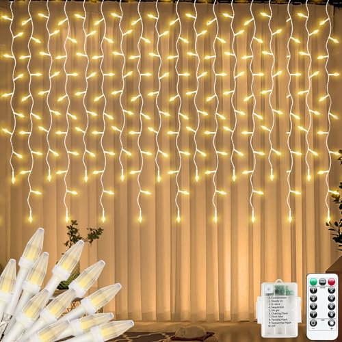 CORST 3M X 1M Outdoor Icicle Lights Christmas Battery Powered,Diamond Shape LED Hanging Backdrop Curtain Fairy Lights for Room Eaves,Waterfall Wall Lights 8Mode,Waterproof(Warm White)