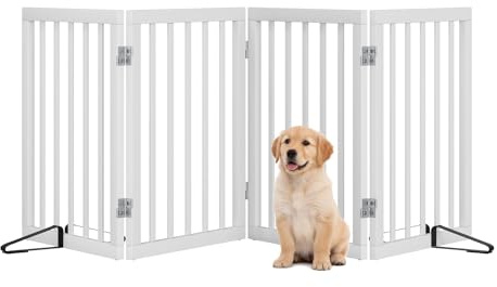 Freistehende Hundegitter für Türen, Faltbares Hundegitter Innen, Haustiergitter für Türen Schlafzimmer, Welpengitter mit Metallstützfüßen, Raumteiler 4 Paneele (Weiß)