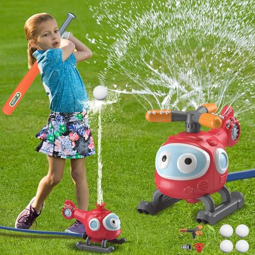 2 in1 Outdoor Wasserspielzeug Sprinkler für Kinder,Kinder Outdoor Spielzeug Rasensprenger in HelikopterForm mit 4 Ball, ideal als Garten Spielzeug im Sommer, für Hinterhof Hof Pool Garten Rasen
