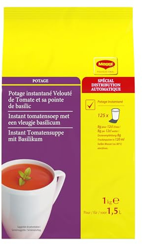 MAGGI PROFESSIONAL Velouté Tomates Basilic - Potage Instantané Tomate avec Basilic - A Faible Teneur en Matières Grasses - Spécial Distribution Automatique - Poche de 1kg | Soupe déshydratée pour distribution automatique - Prépare 1,5L de bouillon - Texture veloutée - Faible en matières grasses