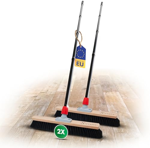 Novaliv 2 escobas grandes de 60 cm con mango de cerdas de crin, ideal como escoba de taller con mango, escoba industrial, escoba para el hogar, escoba de habitación, escoba grande