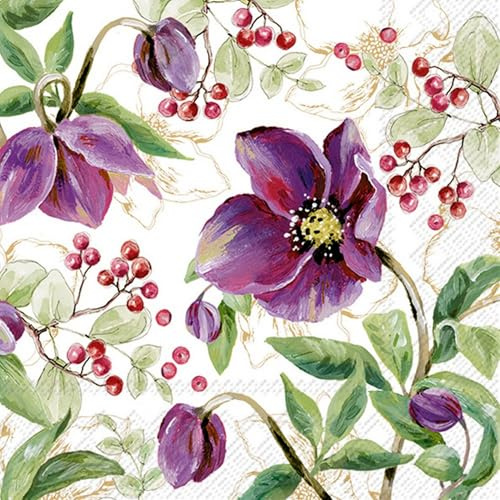 20 Servietten Weihnachten Lila Christrosen mit Blätter als Tischdeko. Papierservietten mit Motiv. Auch für Decoupage und Serviettentechnik 33x33cm