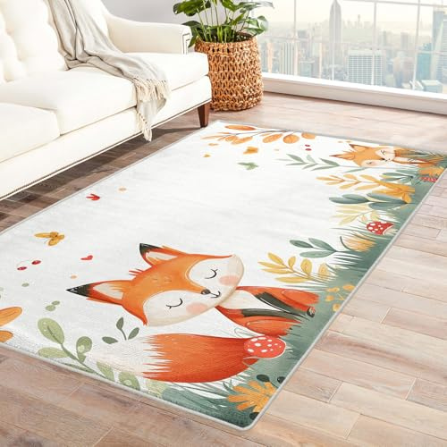 Generisch Fuchs Teppich Kinderzimmer - Teppich Wohnzimmer Schlafzimmer Waldtiere, Kleiner Teppich Schmetterling Blumen, Weich Kurzflor & Waschbar & rutschfest Fussmatte Innen, Kinderteppich 80x150 cm