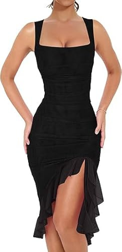 MeeQee Womens Sexy Midi Dress Sleeveless Ruched Bodycon Dresses Sexy Square Neck Cami Dress Elegant Split Ruffle Hem Tulle Dress for Party Cocktail Night Out Clubwear Black