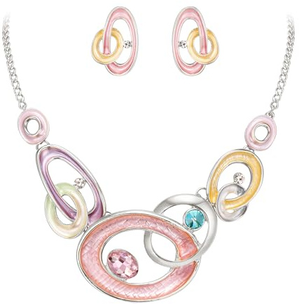EVER FAITH Emaille Mode Schmuckset funkelnde ovale Kreise Strass Anhänger Kragen Halskette Ohrringe Set Statement Schmuck für Damen Hochzeit Party Blau Silber-Ton