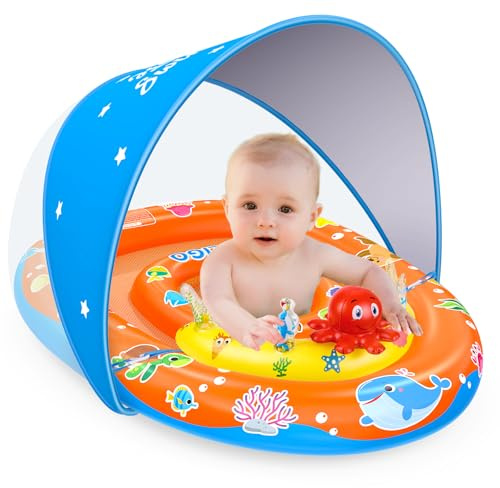 EZIGO Baby Pool Float with Canopy UPF 50+ Sun Protection, Double Air Chambers Infants Swimming Floats with Sound Toys Adjustable Safety Seat Toddler Float for Boys and Girls 6-36 Months (Blue)