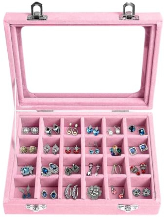 BASUWELL Schmucktablett aus Samt mit 24 Fächern, für Schubladen, transparenter Deckel, Vitrine, Präsentation, Ringablage, Halter, Ohrringe, Organizer, Etui – Rosa