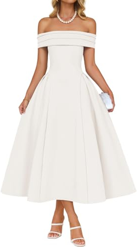 ZESICA Summer 2026 Cocktail Dresses for Women's Off Shoulder Short Sleeve Swing A Line Wedding Evening Party Midi Dress White Small