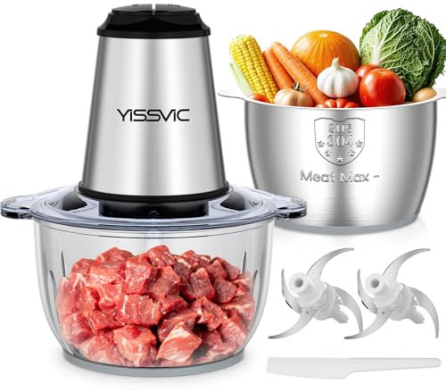 YISSVIC Tritatutto da Cucina Elettrico 2L,500W,Doppia Ciotola Vetro e Acciaio Inox,2 Velocità, 2×4 Lame, Anello Antiscivolo, Lavabile in Lavastoviglie, per Frutta Verdura Carne Spezie