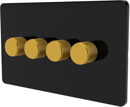 LED Dimmer Switch [Metal Knob/Plastic faceplate] 2-way Rotary Push On/Off for Dimmable LED and Halogen Lights, minimum brightness adjustable - Black/Gold 4-Gang