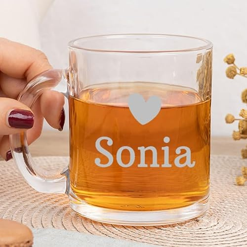 Wanapix | Personalisierte Glas-Tasse mit Gravur | 325 ml | Farblose Lasergravur | Originelles Geschenk für Mutter/Oma | Namenspersonalisierung | Herz