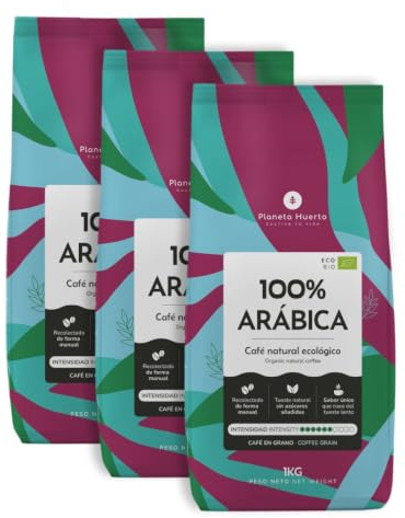 PLANETA HUERTO | Pack 3x Café Grano Ecológico 100% Arábica 1 Kg – Café Grano bio premium sabor suave y afrutado, ideal espresso, italiana y prensa francesa