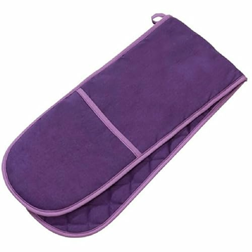 Purple Double Oven Glove – 100% Cotton Quilted & Heat Resistant Kitchen Mitt – Extra Long Insulated Cooking Glove with Hanging Loop – Best for Baking, Cooking & Grilling
