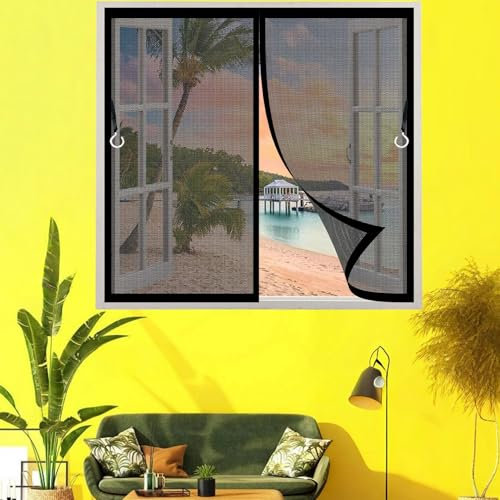 Magnet Fliegengitter Fenster 130 x 160 cm (Anpassbar) Insektenschutz, Heavy Duty Mesh, Stärkere Magneten Fliegengitter für Fenster Magnet Automatisch Geschlossen, mit Klettband, Schwarz