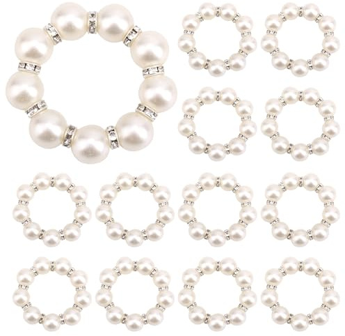 lasuroa 12pcs Pearl Silver Napkin Rings, White Plastic Round Napkin Buckles Rings Holder Beaded Table Decor for Wedding Party Dinner