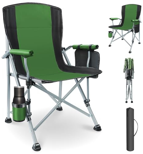 YUMBOT Lyxig campingstol, vikbar 180 kg, lastbar ultrastor med hög rygg, bekväm stoppad, fällstol, camping, trädgård, balkong, strand, campingstol, fåtölj, trädgårdsstol, fiskarstol, grön