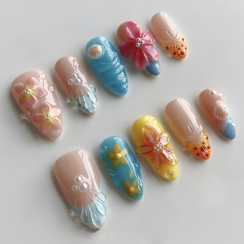 Shimmerz 24 Piece Summer Press On Nails Almond Shape French Tip Artificial Nails 3D Flowers Tropical Nail Design Pearl Charms Glossy Medium