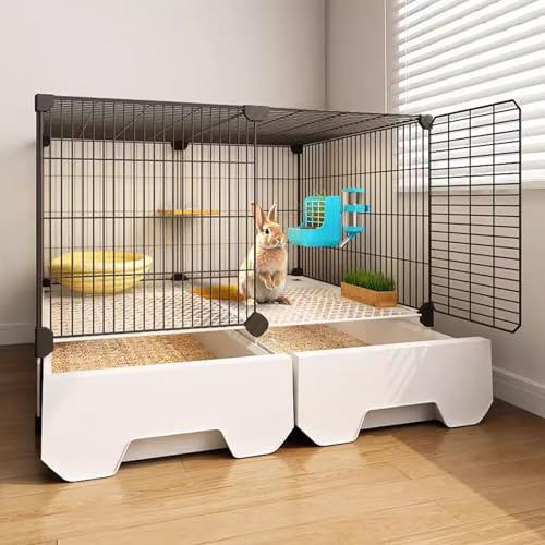 Kaninchenkäfig Mit Schubladentoilette, 1,5 cm Spalt Eisenmasche, Belüftet & Fluchtfest, Komplette Zubehör, Für Kaninchen/Katzen, 3 Größen(Black,70 * 35 * 52cm)