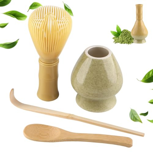 4 Piece Matcha Japanese Ceremony Set, Resin Matcha Whisk, Bamboo Spoon, Bamboo Scoop, Whisk Stand, Perfect Set for Preparing, Yellow - Matcha Green