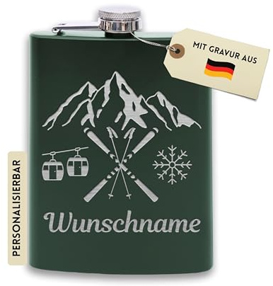 Flanacom Flachmann mit Gravur aus Edelstahl inkl. Trichter 227ml / 8oz Ski Fahrer Alkohol Geschenke für Männer Flachmann Personalisiert mit Wunschgravur (Design 6 Grün)