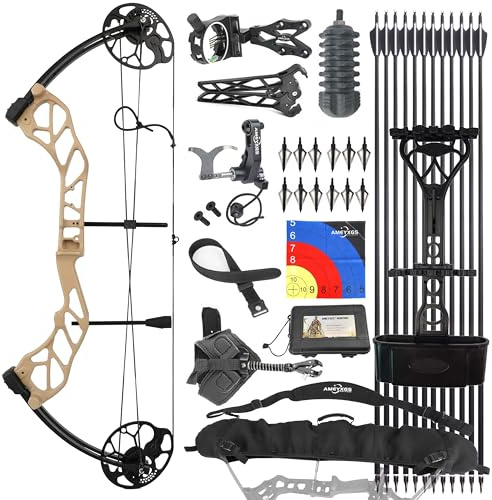 Poearcus Set arco compound da tiro con freccia 320 fps regolabile da 19-70 libbre con accessori completi adatto per la caccia all'aperto (Tonalità terra)