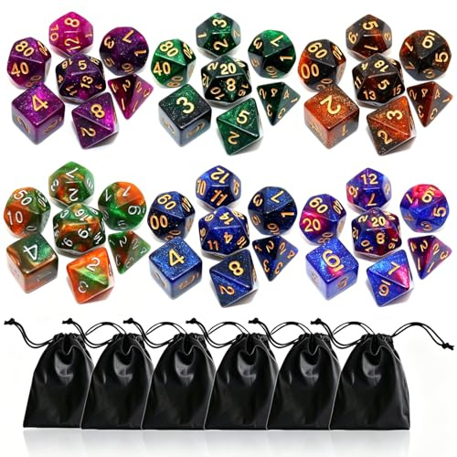 Juego de 6 dados poliédricos DND, juego de dados de nebulosa de doble color, compatibles con Dungeons and Dragons D&D, juegos de rol, juegos de rol, dados con D4, D6, D8, D10, D% D12, D20 (6 dados con