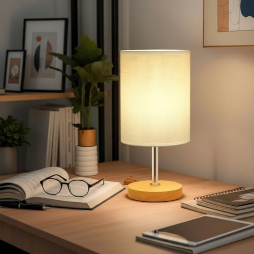 Waibejon Bedside Lamps, 3000K Warm Light Small Table Lamps, Table Lamp for Living Room Bedroom, Wooden Base Linen Fabric Shade, for Bedroom Kids Room Living Room Nightstand Home Office, On-Off Switch