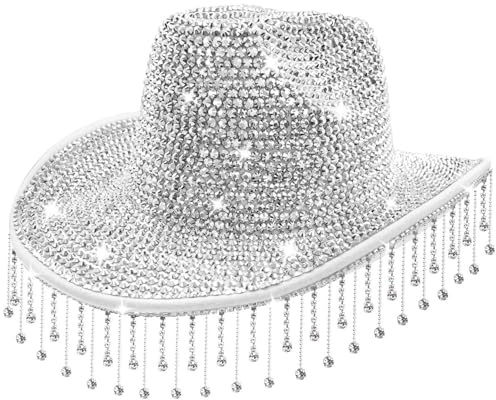 Pineeseatile strass cowboyhatt, strass cowgirlhatt, solskydd silver cowboy med tofs, brud cowgirl med justerbar rem för kvinnor, bröllop
