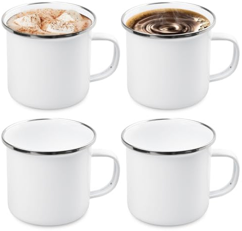 Uppsättning av 4 emaljmuggar 350 ml, campingmugg emaljkopp, emaljmugg med drickkant i rostfritt stål, dryckeskoppar, kaffemugg, emalj mugg för hem, kontor, resor, camping