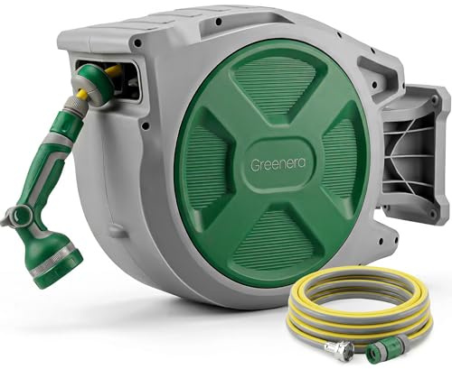 Retractable Garden Hose Reel, 25+2m Auto Reel Wall-Mounted Hosepipe, 10 in 1 Spray Nozzle,Auto Rewind, Any Length Lock, 180° Pivoting, Hose and Wall Fixings Accessories