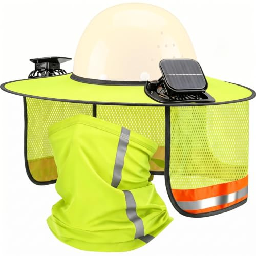 Visera para casco de seguridad de ala completa con ventilador doble solar-USB y cubierta facial, visera de malla transpirable para hombres y mujeres en el trabajo, color amarillo.