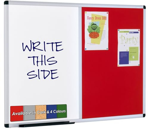 Wonderwall Dual Combination Red Felt Noticeboard & Magnetic Dry-Erase Whiteboard, 900 x 600 mm, Wall-Mounted, Aluminium Frame, Clip-on Pen Tray - for Office, School, Home Planning