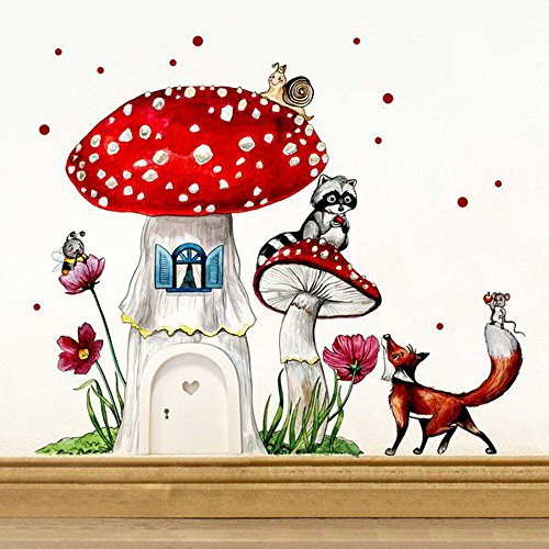 ilka parey wandtattoo-welt® Elfentür Feentür Wichteltür mit Wandtattoo Aufkleber Sticker Fliegenpilz mit Waschbär Fuchs und Punkten e07 - ausgewählte Farbe der Holztür: *naturfarben*