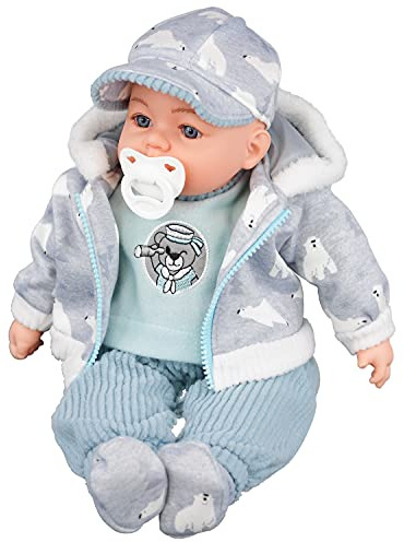 BiBi Doll Baby Doll Boy with Soft Body - 18’’ Lifelike, Grey Luxury Outfit - Includes Dummy & Baby Sounds, Realistic Toy for Girls & Boys Age 18 Months+