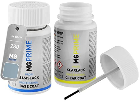MG PRIME Vernice per auto Kit stilo di ritocco per BMW 280 Gletscherblau Metallic/Glacier Blue Metallic Vernice di base vernice trasparente ognuno 50ml