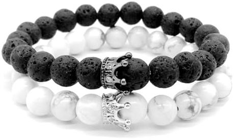 Pulsera Rey y Reina Corona Cuentas de piedra natural para parejas, Pulseras elásticas de piedras preciosas de CZ Coronas Mate Negro Lava Piedra volcánica y Howlite blanco, Regalos para parejas