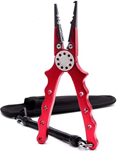 CRAZY SHARK Professional Saltwater/Freshwater Fishing Pliers Hook Remover Fishing Line Cutters with Sheath and Lanyard(Red)