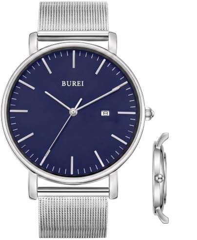 BUREI Reloj de Hombre Minimalista Ultra Delgado Pantalla de Fecha Pantalla Grande Simple y Banda de Acero Inoxidable