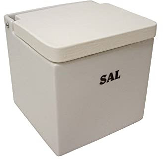 SALERO Sal Cuadrado Porcelana Blanco Letrero Sal BISAGRA Tapa Madera Blanca
