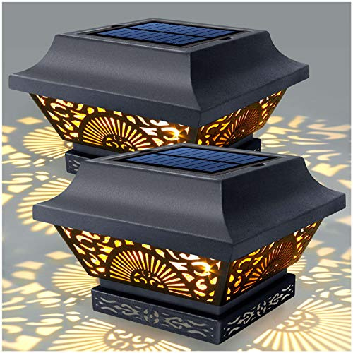 DenicMic Solar Post Lights 2 Pack Solar Post Cap Lights Outdoor Waterproof Metal 25 Lumen Warm White LED Lighting for 3.5x3.5 4x4 5x5 Wooden Fence Posts, Deck Rail, Yard, Patio, Garden (Black)