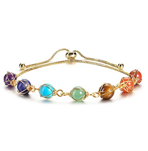 Jovivi Pulsera Chakra con cadena de cobre de 14 k oro dorado retro DIY piedra de energía preciosa extensible pulsera mujer niñas