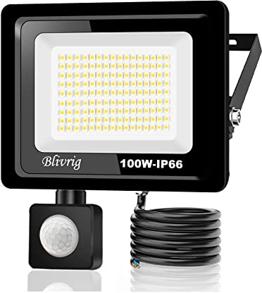Blivrig 100 W LED-Strahler Mit Bewegungsmelder, 10.000 lm, Außenbereich, Sensor, Warmweiß (3000 K), Wasserdicht, IP66, Außenstrahler für Sicherheit, Garage, Flur