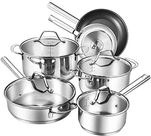 EN-228274 Batteria di Pentole Chef 10 Pezzi Set di Pentole e Padelle, Casseruola in Acciaio Inox Cromato Adatto per Piastre a Induzione, Coperchio in Vetro con Sistema Evaporativo
