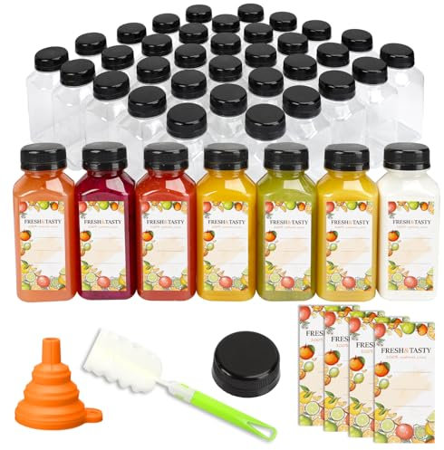 TOMNK 45pcs 8oz Plastic Juice Bottles with Black Caps Empty Reusable Clear Bottles with Label, Funnel and Brush Beverage Containers Bulk with Lids for Juicing, Smoothies, Fridge