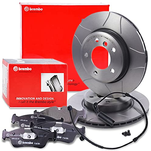 BREMBO Sport Max Bremsenset Vorderachse inkl. Geschlitzte Sport-Bremsscheiben Vorne Ø 300 mm Belüftet und Bremsbeläge Vorne + Verschleißkontakt, Kompatibel mit BMW 3er (E46), Z4 Roadster (E85)