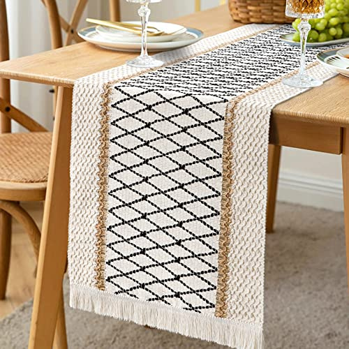 LOMOHOO Makramee Tischläufer 94inch Beige Boho Tischläufer mit Quasten Handgewebte Baumwolle und Sackleinen-Spleißen-Tischläufer rustikaler Bauernhaus Tischläufer für Bohemian Küchen